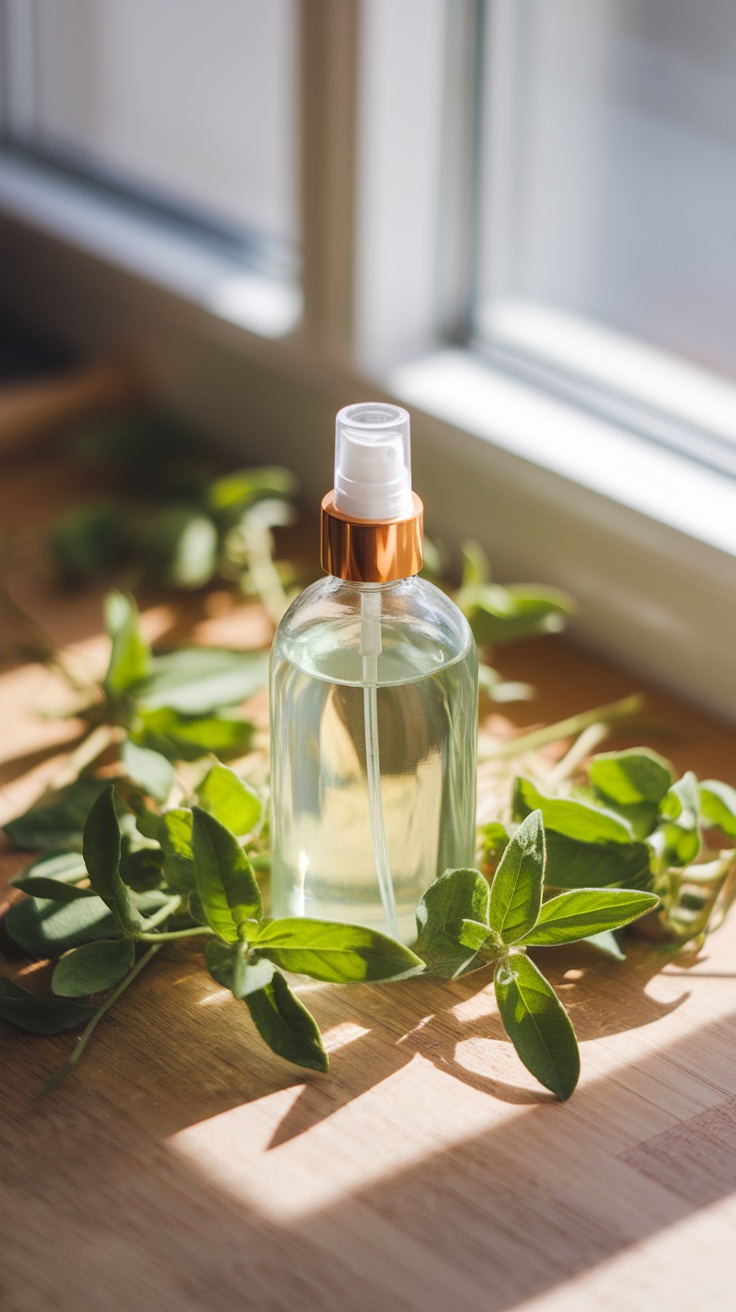 A spray bottle of lemon balm face toner surrounded by fresh lemon balm leaves on a wooden table.